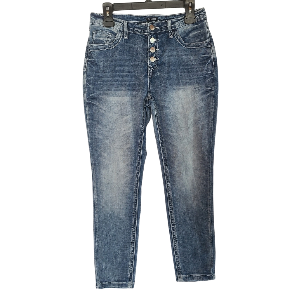 Flamingo High Waisted Button Fly Skinny Jeans Blue Size Small